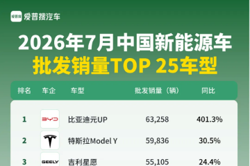 7月中国新能源车批发销量TOP 25车型 7月中国新能源车批发销量TOP 25车型