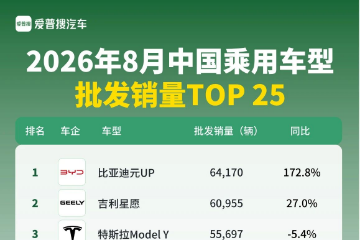 8月汽车销量TOP 25车型:“小型”车霸榜冠亚军 8月汽车销量TOP 25车型:“小型”车霸榜冠亚军